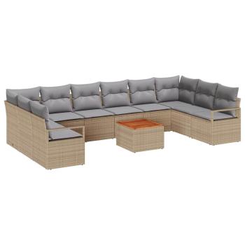 11-teiliges Garten Sofa Set mit Kissen Beige Poly Rattan Akazie, 2-Sitzer Garten Sofa mit Stauraum & Kissen Beige Poly Rattan
