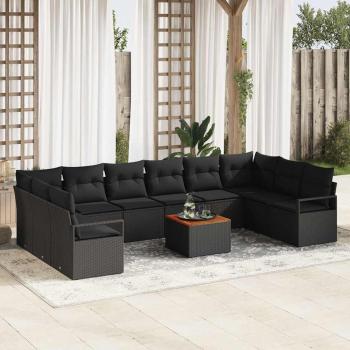 ARDEBO.de - 11-teiliges Garten Sofaset mit Kissen Schwarz Poly Rattan Akazie, 2-sitziges Garten Sofa mit Stauraum & Kissen Schwarz Poly Rattan