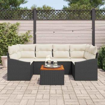 7-teiliges Garten Sofa Set mit Kissen Schwarz Poly Rattan Akazie