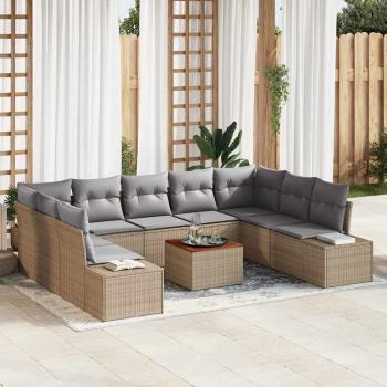 ARDEBO.de - 10-teiliges Garten Sofa Set mit Kissen Beige Poly Rattan Akazie