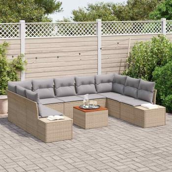 10-teiliges Garten Sofa Set mit Kissen Beige Poly Rattan Akazie