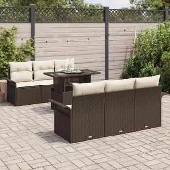 7-teilige Garten-Sofa-Set mit Kissen Braun Poly Rattan, 2-Sitzer Garten-Sofa mit Stauraum & Kissen Braun Poly Rattan