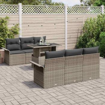 7-teiliges Garten-Sofaset Grau mit Kissen aus Poly-Rattan, 2-Sitzer Garten-Sofa Grau mit Stauraum & Kissen aus Poly-Rattan