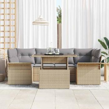ARDEBO.de - 7-teiliges Garten Sofa Set mit Kissen Beige Poly Rattan, 2-Sitzer Garten Sofa mit Stauraum & Kissen Beige Poly Rattan