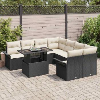 9-teiliges Garten-Sofa-Set mit Kissen - Schwarz Poly Rattan, 2-Sitzer Garten-Sofa mit Stauraum & Kissen - Schwarz Poly Rattan