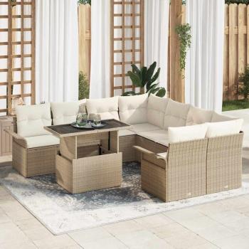 ARDEBO.de - 9-teiliges Garten Sofa Set mit Kissen Beige Poly Rattan, 2-Sitzer Garten Sofa mit Stauraum & Kissen Beige Poly Rattan