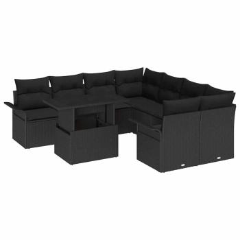 9-teiliges Garten Sofa Set mit Kissen Schwarz Poly Rattan, 2-Sitzer Garten Sofa mit Stauraum und Kissen Schwarz Poly Rattan