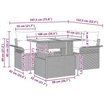 5-teiliges Garten Sofa Set mit Kissen Hellgrau Poly Rattan, 2-Sitzer Garten Sofa mit Stauraum & Kissen Hellgrau Poly Rattan