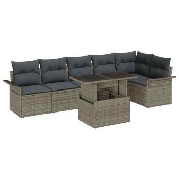 ARDEBO.de - 7-teiliges Garten-Sofa-Set mit Kissen Grau Poly-Rattan, 2-Sitzer Garten-Sofa mit Stauraum & Kissen Grau Poly-Rattan