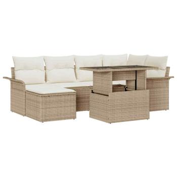 ARDEBO.de - 7-teiliges Garten Sofa Set mit Kissen Beige Poly Rattan, 2-Sitzer Garten Sofa mit Stauraum & Kissen Beige Poly Rattan