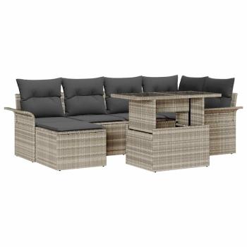 ARDEBO.de - 7-teiliges Garten Sofa Set mit Kissen hellgrau Poly Rattan, 2-Sitzer Garten Sofa mit Stauraum & Kissen hellgrau Poly Rattan