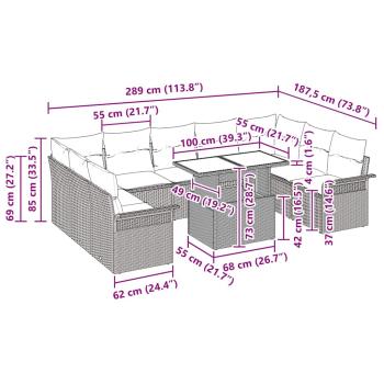 10-teiliges Garten-Sofa-Set mit Kissen Schwarz Poly-Rattan, 2-Sitzer Garten-Sofa mit Stauraum & Kissen Schwarz Poly-Rattan
