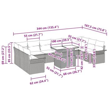 11-teiliges Garten Sofa Set mit Kissen Hellgrau Poly Rattan, 2-Sitzer Garten Sofa mit Stauraum & Kissen Hellgrau Poly Rattan