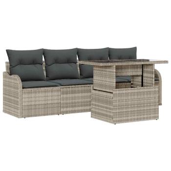 5-teilige Garten Sofa Set mit Kissen Hellgrau Poly Rattan, 2-Sitzer Garten Sofa mit Stauraum & Kissen Hellgrau Poly Rattan