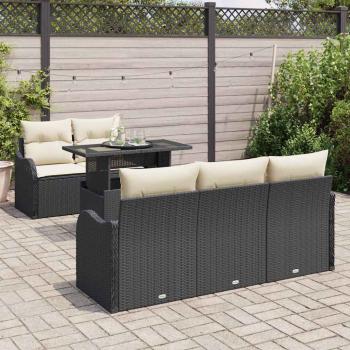 6-teiliges Garten Sofa Set mit Kissen Schwarz Poly Rattan, 2-Sitzer Garten Sofa mit Stauraum & Kissen Schwarz Poly Rattan