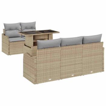 6-teiliges Garten Sofa Set mit Kissen Beige Poly Rattan, 2-Sitzer Garten Sofa mit Stauraum & Kissen Beige Poly Rattan