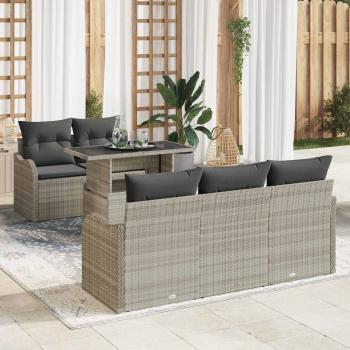 ARDEBO.de - 6-teiliges Garten Sofa Set mit Kissen Hellgrau Poly Rattan, 2-Sitzer Garten Sofa mit Stauraum & Kissen Hellgrau Poly Rattan