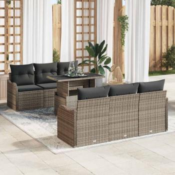 ARDEBO.de - 7-teiliges Garten-Sofa-Set mit Kissen Grau Poly Rattan, 2-Sitzer Garten-Sofa mit Stauraum & Kissen Grau Poly Rattan