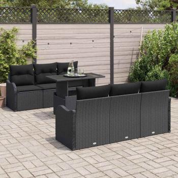 7-teiliges Garten Sofa Set mit Kissen Schwarz Poly Rattan, 2-Sitzer Garten Sofa mit Stauraum & Kissen Schwarz Poly Rattan