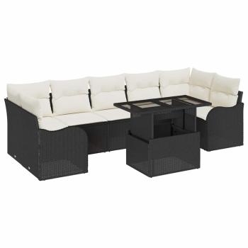 8-teiliges Garten Sofa Set mit Kissen Schwarz Poly-Rattan, 2-Sitzer Garten Sofa mit Stauraum & Kissen Schwarz Poly-Rattan