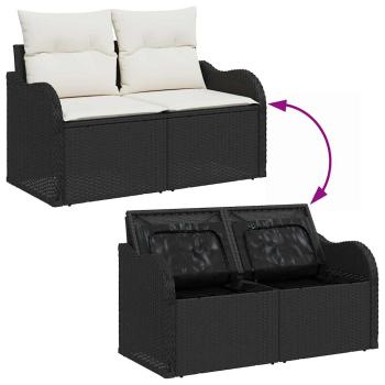 8-teiliges Garten Sofa Set mit Kissen Schwarz Poly-Rattan, 2-Sitzer Garten Sofa mit Stauraum & Kissen Schwarz Poly-Rattan