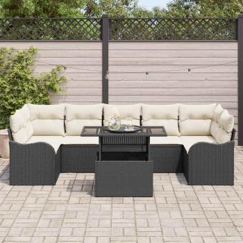 8-teiliges Garten Sofa Set mit Kissen Schwarz Poly-Rattan, 2-Sitzer Garten Sofa mit Stauraum & Kissen Schwarz Poly-Rattan