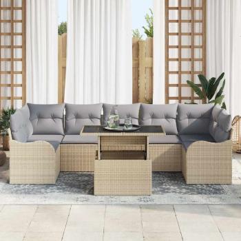 8-teiliges Garten Sofa Set mit Kissen Beige Poly Rattan, 2-Sitzer Garten Sofa mit Stauraum & Kissen Beige Poly Rattan