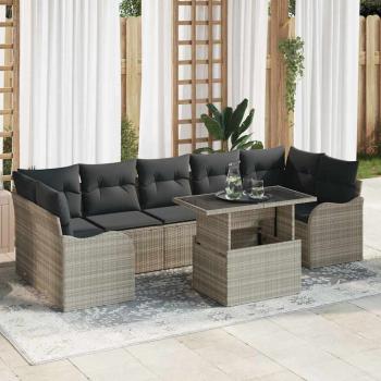 ARDEBO.de - 8-teiliges Garten-Sofa-Set mit Kissen Hellgrau Poly-Rattan, 2-Sitzer Garten-Sofa mit Stauraum & Kissen Hellgrau Poly-Rattan