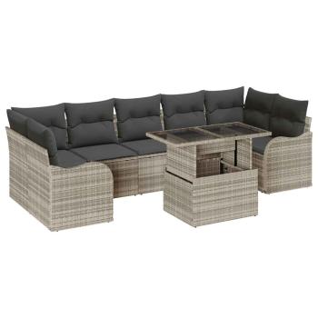 8-teiliges Garten-Sofa-Set mit Kissen Hellgrau Poly-Rattan, 2-Sitzer Garten-Sofa mit Stauraum & Kissen Hellgrau Poly-Rattan