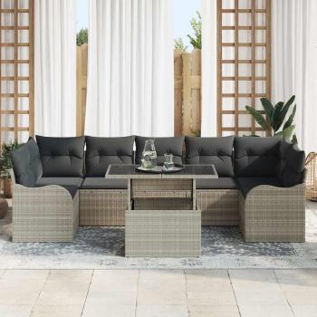 8-teiliges Garten-Sofa-Set mit Kissen Hellgrau Poly-Rattan, 2-Sitzer Garten-Sofa mit Stauraum & Kissen Hellgrau Poly-Rattan