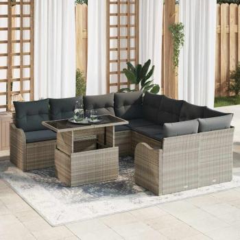 ARDEBO.de - 9-teiliges Garten-Sofa-Set mit Kissen Hellgrau Poly-Rattan, 2-Sitzer Garten-Sofa mit Stauraum & Kissen Hellgrau Poly-Rattan