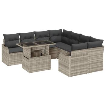 9-teiliges Garten-Sofa-Set mit Kissen Hellgrau Poly-Rattan, 2-Sitzer Garten-Sofa mit Stauraum & Kissen Hellgrau Poly-Rattan