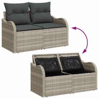 9-teiliges Garten-Sofa-Set mit Kissen Hellgrau Poly-Rattan, 2-Sitzer Garten-Sofa mit Stauraum & Kissen Hellgrau Poly-Rattan