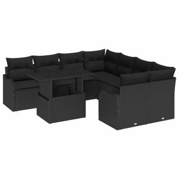 9-teiliges Garten-Sofa-Set mit Kissen Schwarz Poly-Rattan, 2-Sitzer Garten-Sofa mit Stauraum & Kissen Schwarz Poly-Rattan