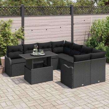 9-teiliges Garten-Sofa-Set mit Kissen Schwarz Poly-Rattan, 2-Sitzer Garten-Sofa mit Stauraum & Kissen Schwarz Poly-Rattan