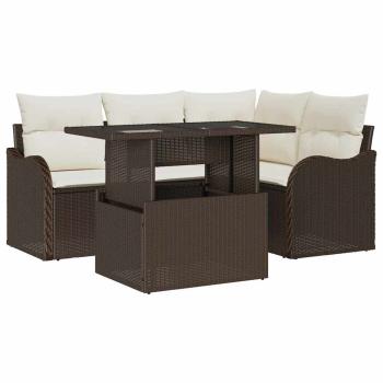 5-teiliges Garten Sofa Set mit Kissen aus braunem Poly-Rattan, 2-Sitzer Garten Sofa mit Stauraum & Kissen aus braunem Poly-Rattan