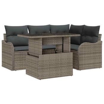 5-teiliges Garten-Sofa-Set mit Kissen Grau Poly-Rattan, 2-Sitzer Garten-Sofa mit Stauraum & Kissen Grau Poly-Rattan