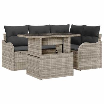 5-teiliges Garten Sofa Set mit Kissen Hellgrau Poly Rattan, 2-Sitzer Garten Sofa mit Stauraum & Kissen Hellgrau Poly Rattan