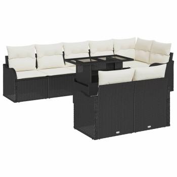 ARDEBO.de - 9-teiliges Garten Sofa Set mit Kissen Schwarz Poly Rattan, 2-Sitzer Garten Sofa mit Stauraum & Kissen Schwarz Poly Rattan