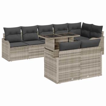 ARDEBO.de - 9-teiliges Garten-Sofa-Set mit Kissen Hellgraues Poly-Rattan, 2-Sitzer Garten-Sofa mit Stauraum & Kissen Hellgraues Poly-Rattan