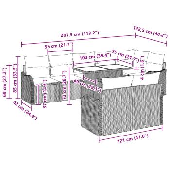 9-teiliges Garten-Sofa-Set mit Kissen Hellgraues Poly-Rattan, 2-Sitzer Garten-Sofa mit Stauraum & Kissen Hellgraues Poly-Rattan