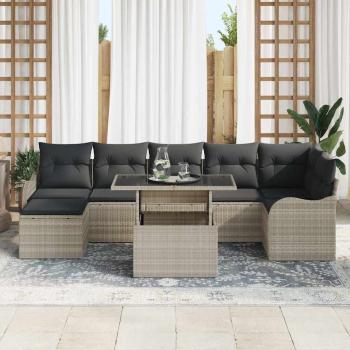 8-teiliges Garten Sofa Set mit Kissen Hellgrau Poly Rattan, 2-Sitzer Garten Sofa mit Stauraum & Kissen Hellgrau Poly Rattan