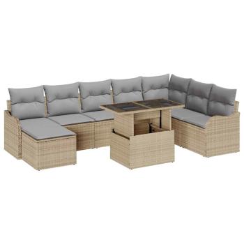 9-teilige Garten Sofagarnitur mit Kissen Beige Poly Rattan, 2-Sitzer Garten Sofa mit Stauraum & Kissen Beige Poly Rattan
