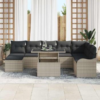 9 Teile Garten-Sofa-Set mit Kissen hellgrau Poly-Rattan, 2-Sitzer Garten-Sofa mit Stauraum & Kissen hellgrau Poly-Rattan