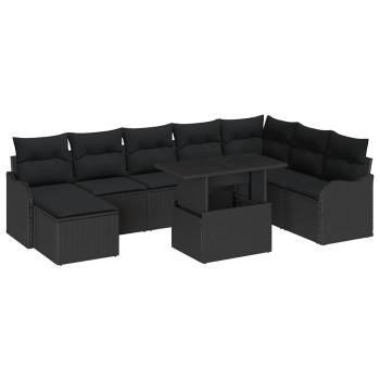 9-teiliges Garten Sofaset mit Kissen Schwarz Poly Rattan, 2-Sitzer Garten Sofa mit Stauraum & Kissen Schwarz Poly Rattan