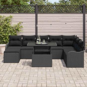 9-teiliges Garten Sofaset mit Kissen Schwarz Poly Rattan, 2-Sitzer Garten Sofa mit Stauraum & Kissen Schwarz Poly Rattan