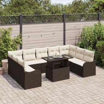 10-teiliges Garten Sofa Set mit Kissen Braunes Poly Rattan, 2-Sitzer Garten Sofa mit Stauraum & Kissen Braunes Poly Rattan