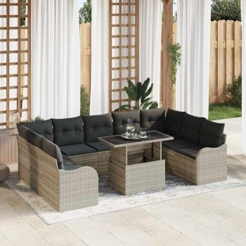 ARDEBO.de - 10-teiliges Garten Sofa Set mit Kissen Hellgrau Poly Rattan, 2-Sitzer Garten Sofa mit Stauraum & Kissen Hellgrau Poly Rattan