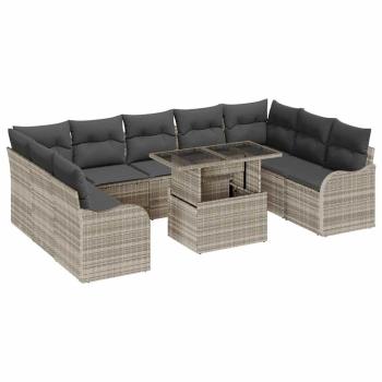 10-teiliges Garten Sofa Set mit Kissen Hellgrau Poly Rattan, 2-Sitzer Garten Sofa mit Stauraum & Kissen Hellgrau Poly Rattan
