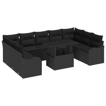 10-teiliges Garten-Sofa-Set mit Kissen schwarz Poly-Rattan, 2-Sitzer Garten-Sofa mit Stauraum & Kissen schwarz Poly-Rattan